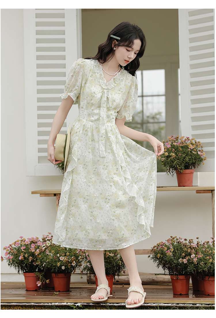 キレイめファッション  花柄シフォンフリルロマンティックワンピース