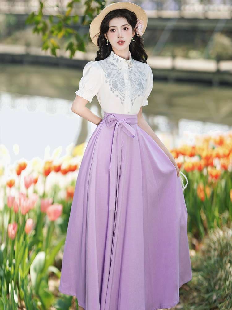 キレイめファッション  華やかリボン付ききれいめフレアロングスカート