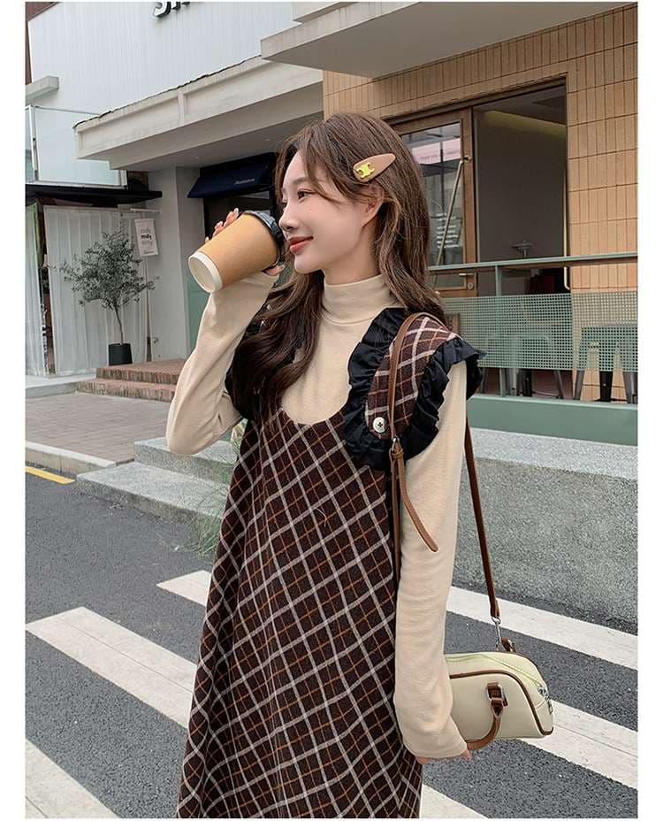 キレイめファッション チェック柄きれいめフリルジャンパーワンピース