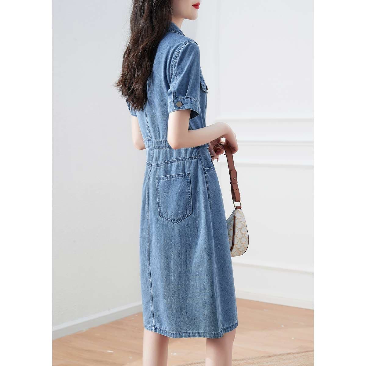 キレイめファッション  デニム素材ボタンダウンワンピース