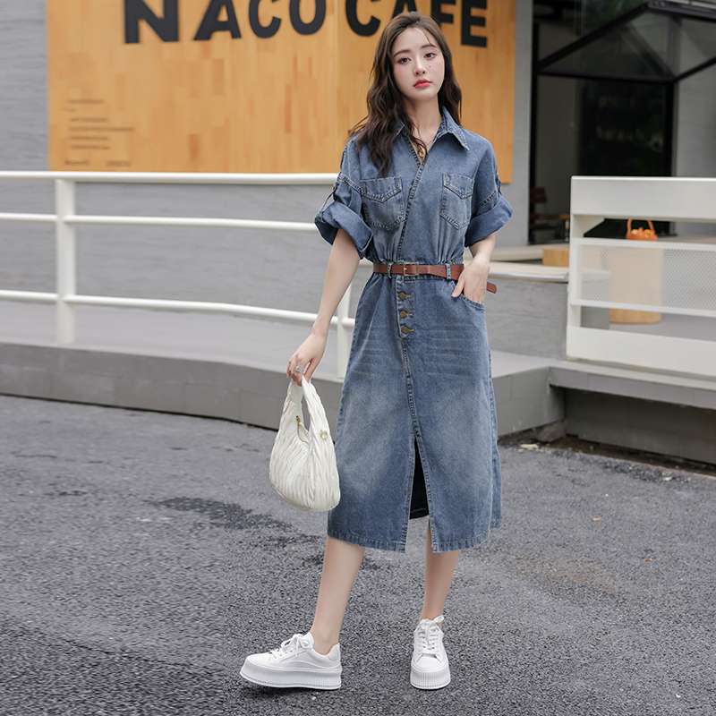 キレイめファッション  デニムシャツベルト付きワンピース
