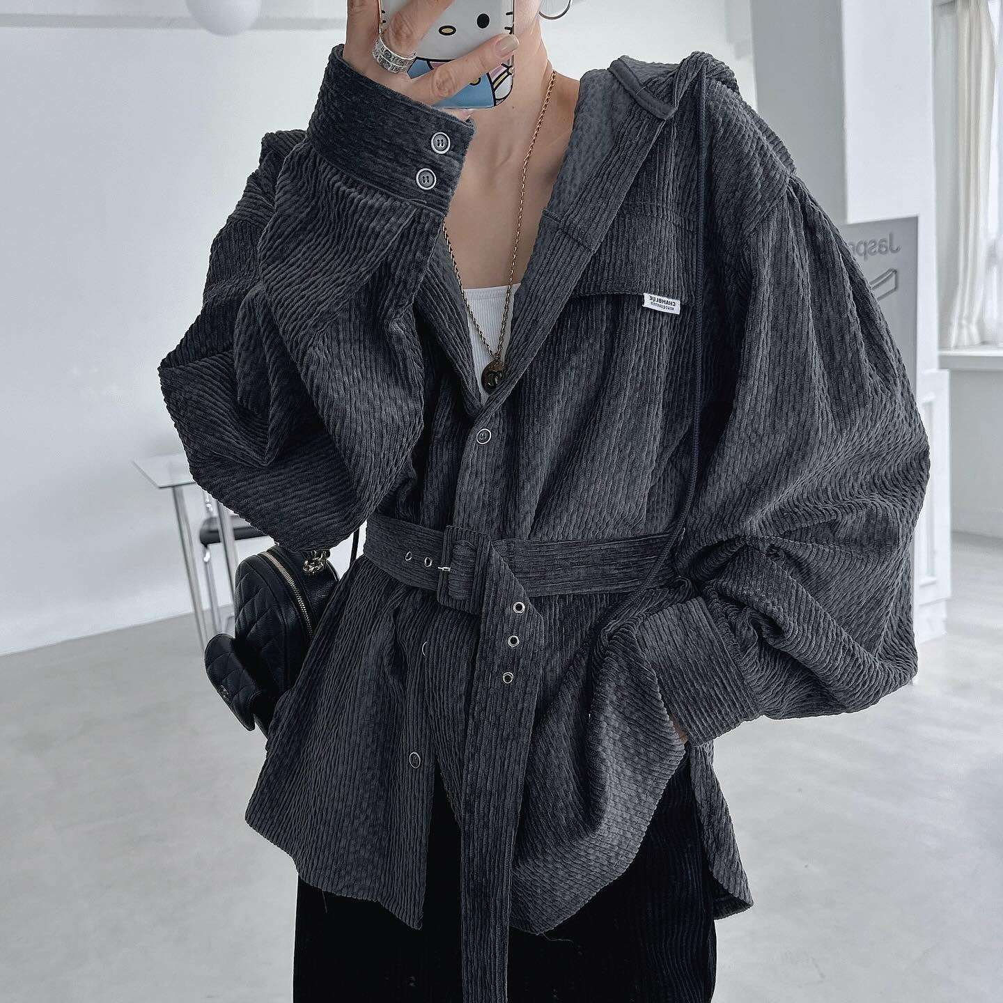 キレイめファッション コーデュロイ素材バルーン袖ベルトジャケット