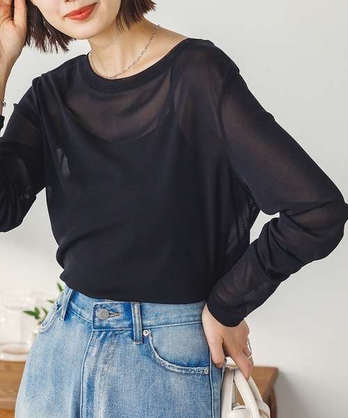 キレイめファッション シンプルシルエットカバーカットソー　きれいめトップス