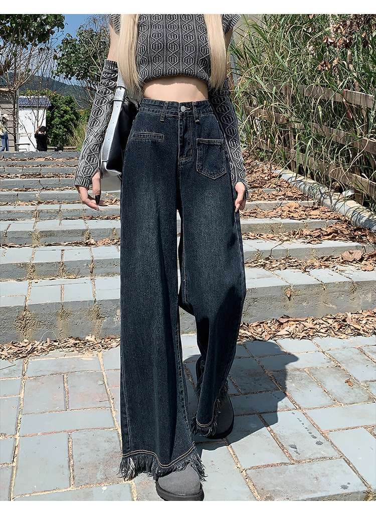 キレイめファッション  フリンジ付きワイドデニムパンツ