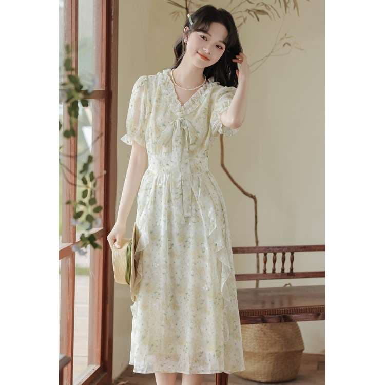 キレイめファッション  花柄シフォンフリルロマンティックワンピース