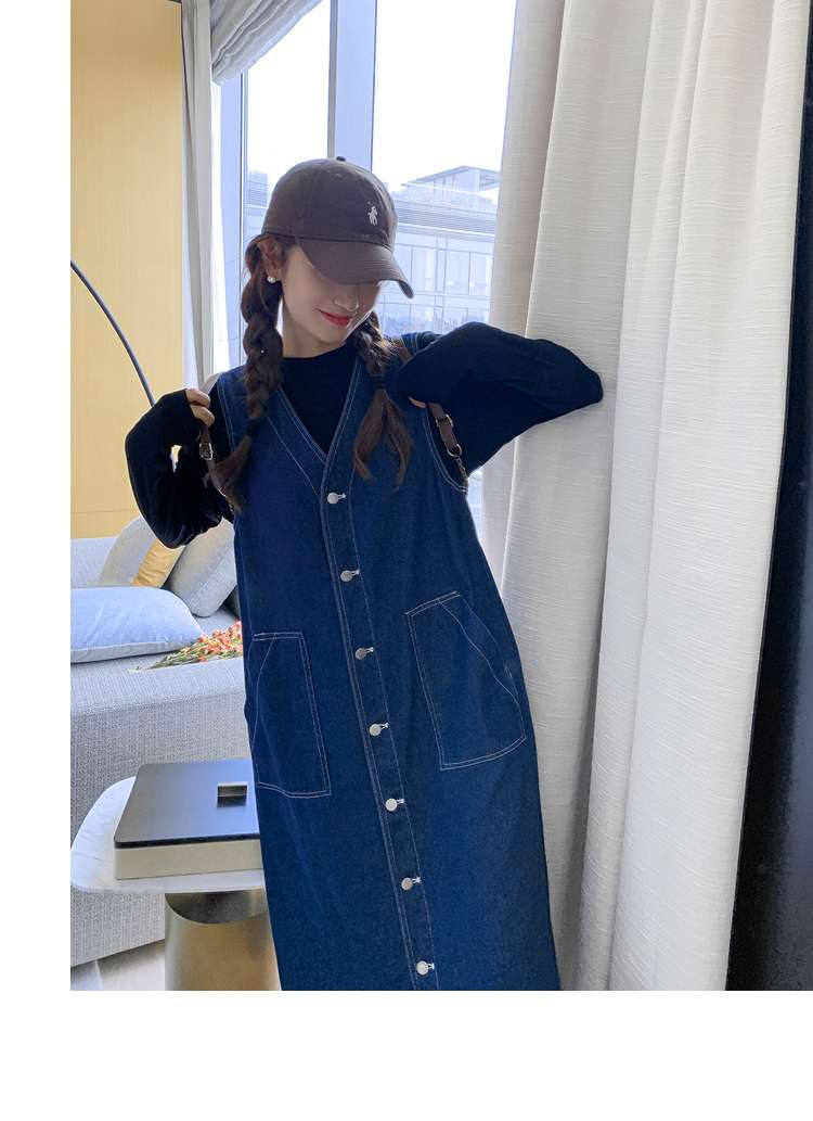 キレイめファッション  デニムジャンパースカート きれいめロング丈ワンピース