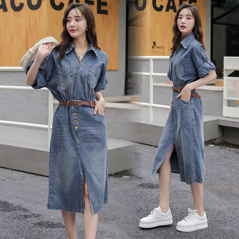 キレイめファッション  デニムシャツベルト付きワンピース