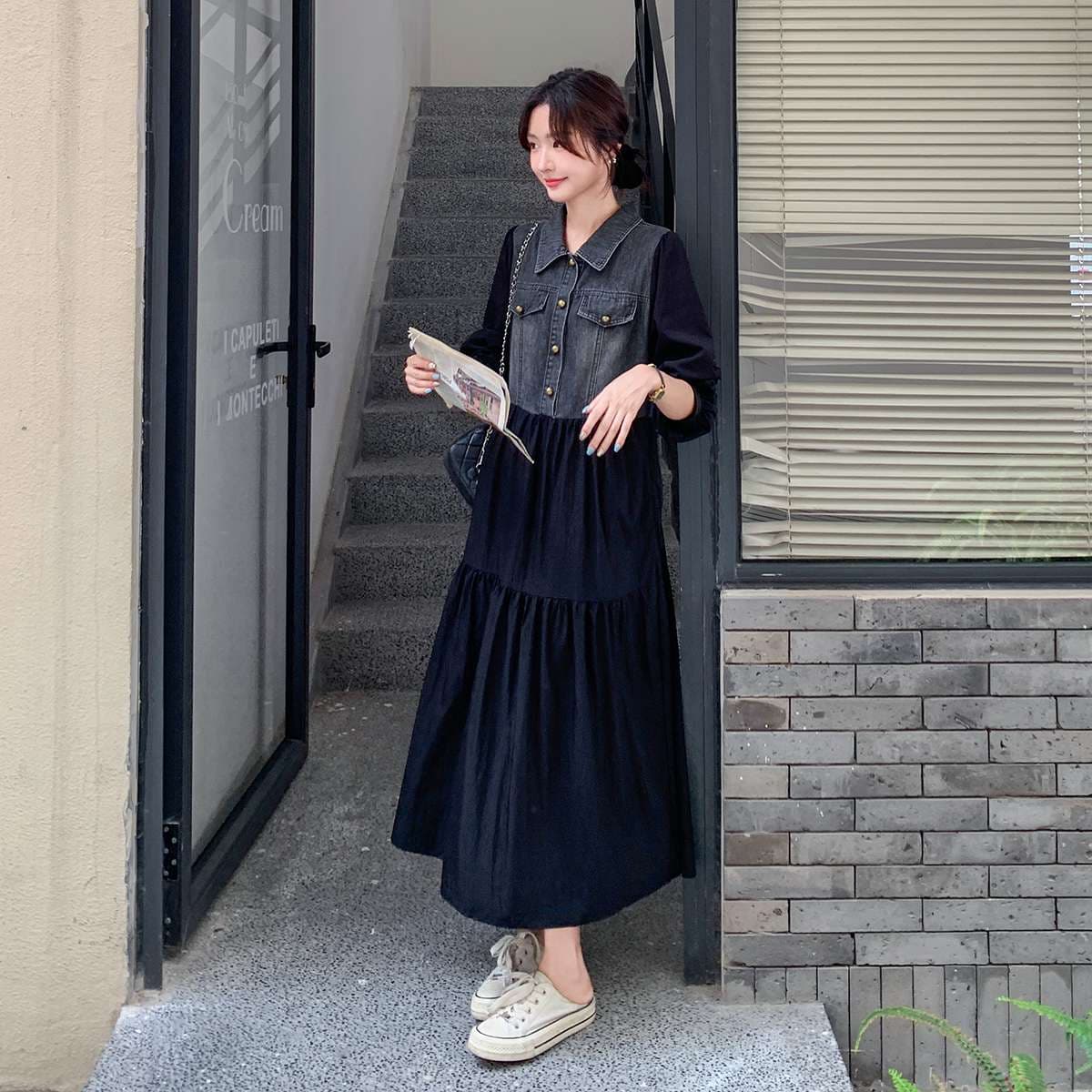 キレイめファッション  デニム切り替えティアードきれいめワンピース