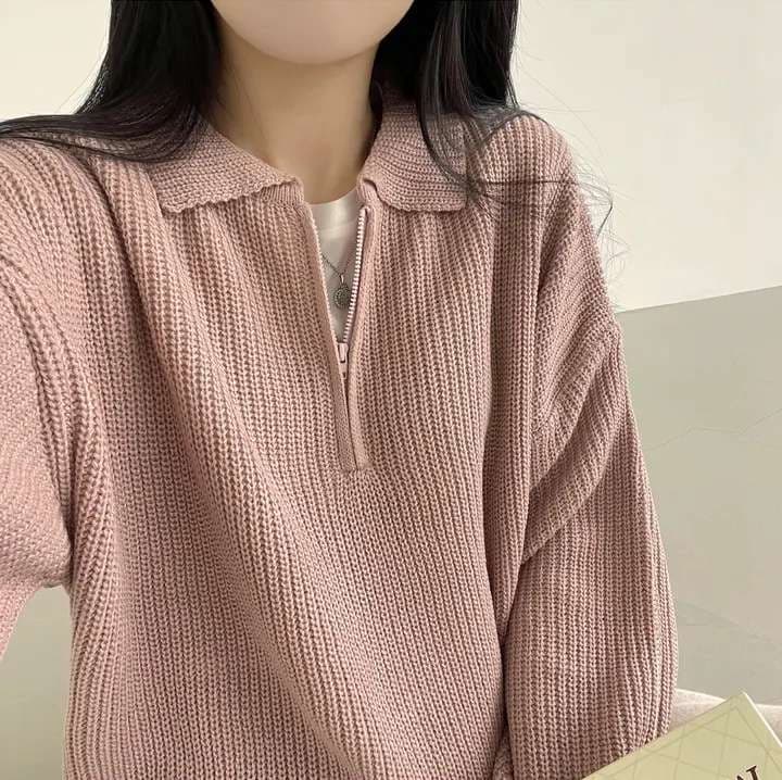 キレイめファッション ハーフジッププルオーバーリブニット