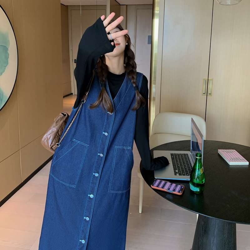 キレイめファッション  デニムジャンパースカート きれいめロング丈ワンピース