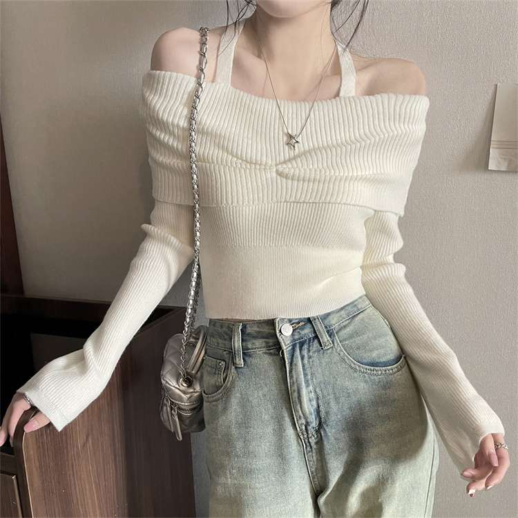 キレイめファッション オフショルダー綺麗目リブニットトップス