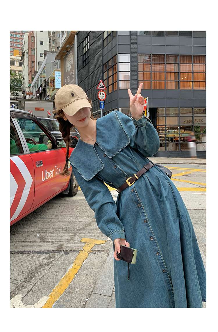 キレイめファッション デニム生地のロングシャツワンピース