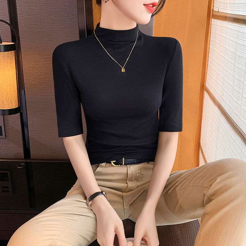 キレイめファッション きれいめハイネック半袖リブニット