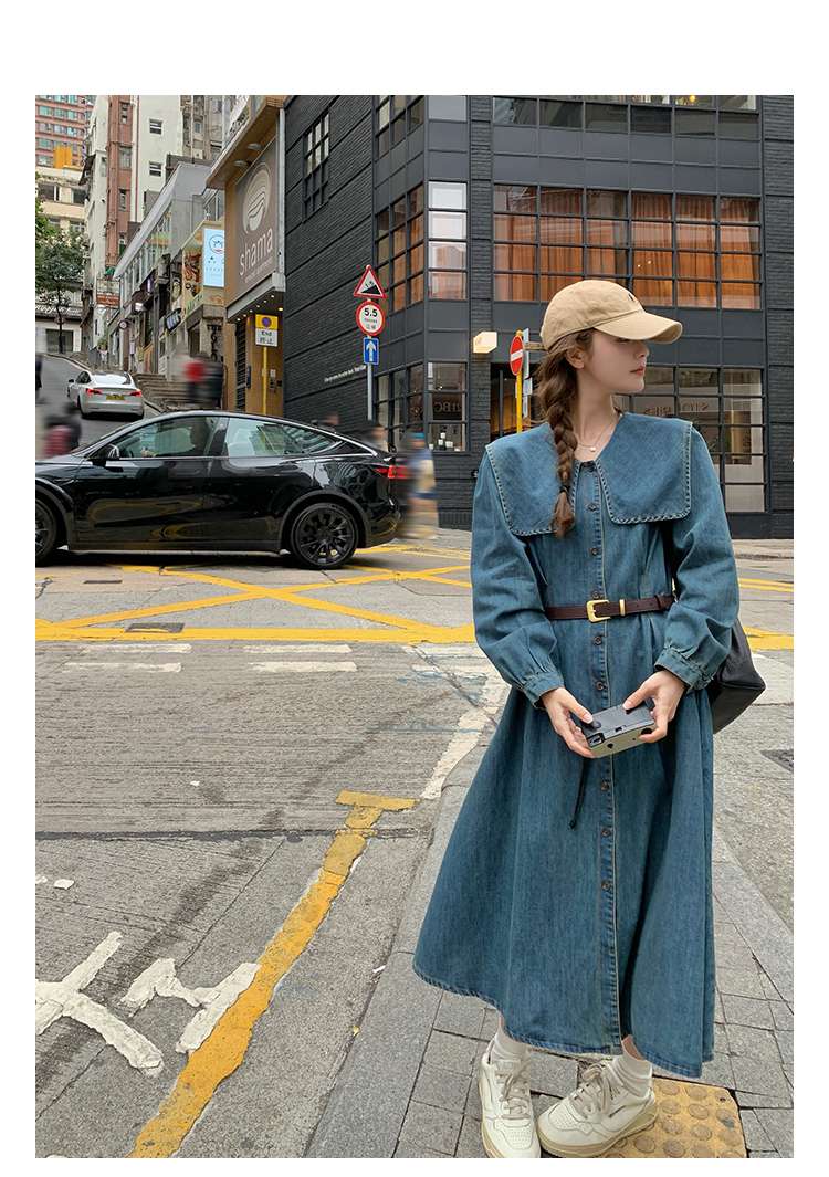 キレイめファッション デニム生地のロングシャツワンピース
