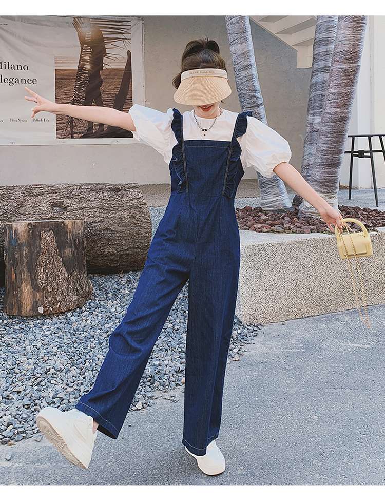 キレイめファッション ゆったりきれいめデニムサロペットワイドパンツ