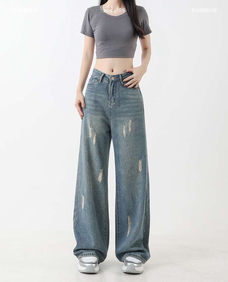 キレイめファッション ゆったりダメージ加工ワイドデニムパンツ