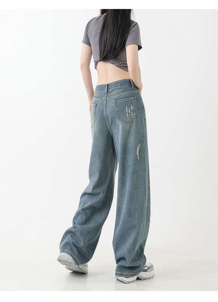 キレイめファッション ゆったりダメージ加工ワイドデニムパンツ