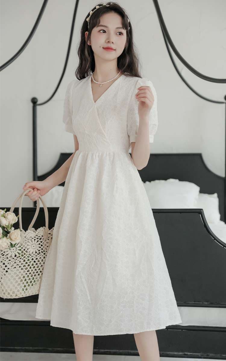 キレイめファッション 花かごレトロ風パフスリーブワンピース