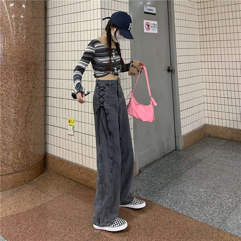 キレイめファッション レースアップデザイン ワイドデニムパンツ
