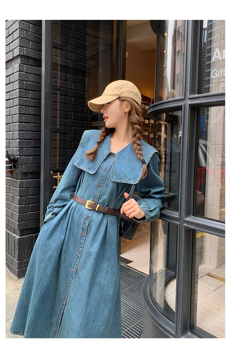 キレイめファッション デニム生地のロングシャツワンピース