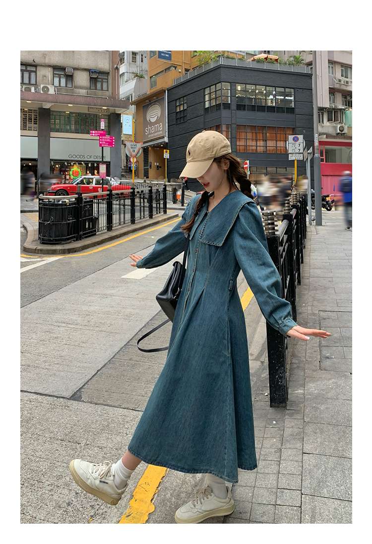 キレイめファッション デニム生地のロングシャツワンピース