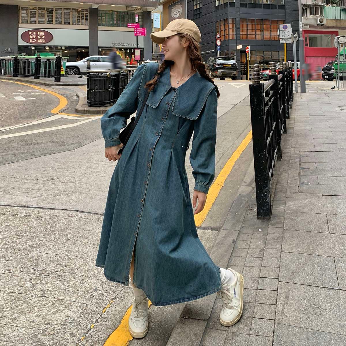キレイめファッション デニム生地のロングシャツワンピース