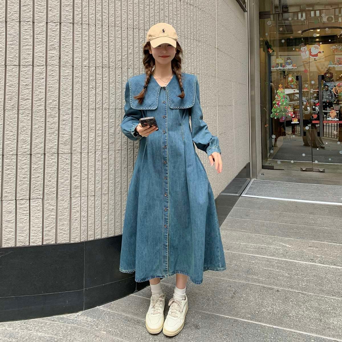 キレイめファッション デニム生地のロングシャツワンピース