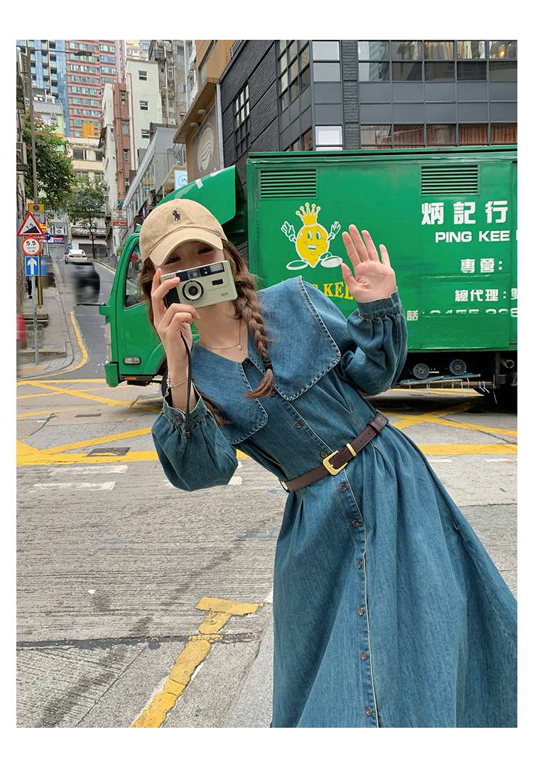 キレイめファッション デニム生地のロングシャツワンピース