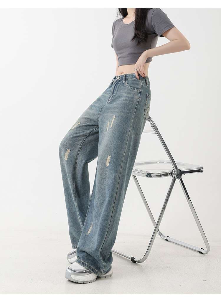 キレイめファッション ゆったりダメージ加工ワイドデニムパンツ