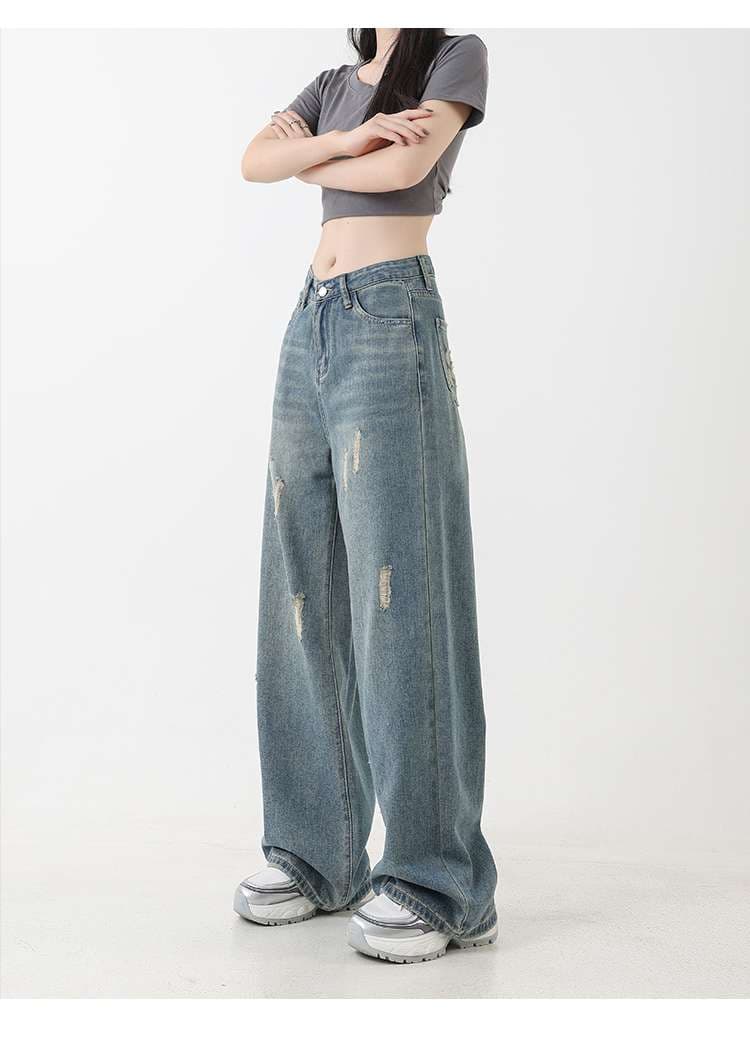 キレイめファッション ゆったりダメージ加工ワイドデニムパンツ