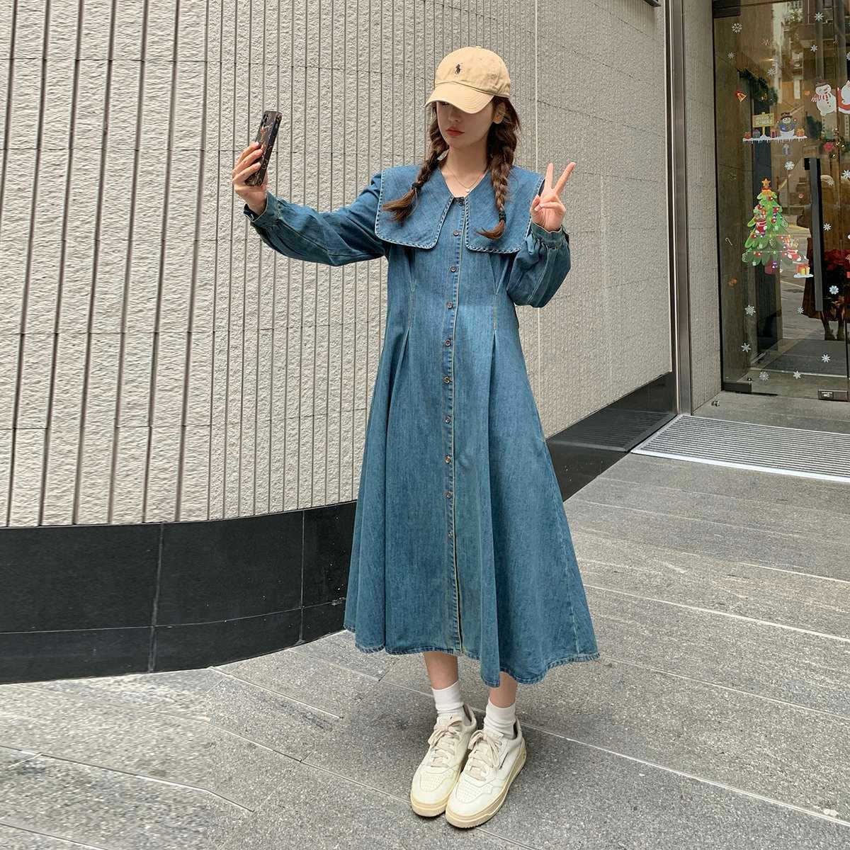 キレイめファッション デニム生地のロングシャツワンピース