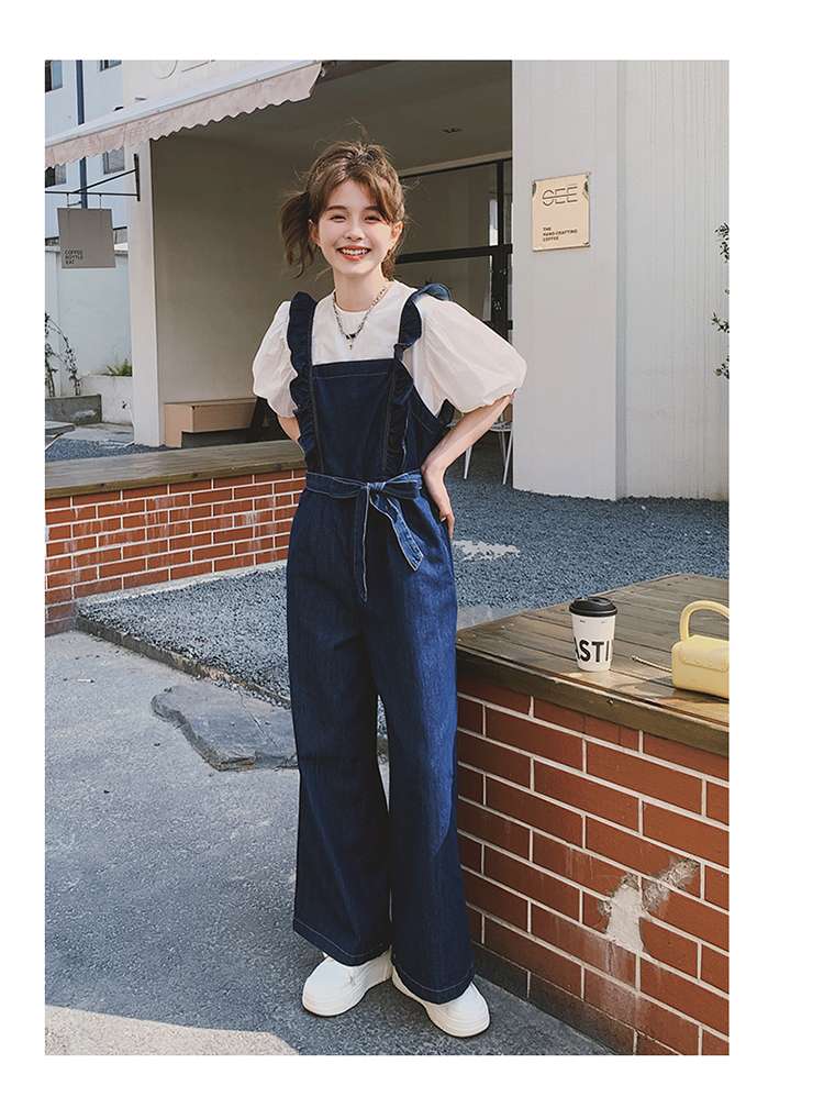 キレイめファッション ゆったりきれいめデニムサロペットワイドパンツ