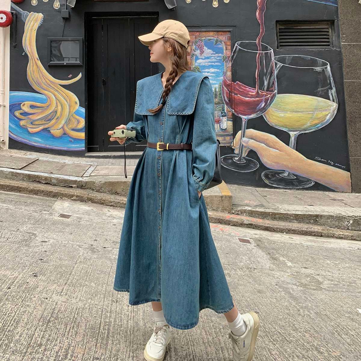 キレイめファッション デニム生地のロングシャツワンピース