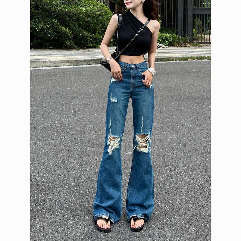キレイめファッション ダメージ加工ベルボトムデニムワイドパンツ