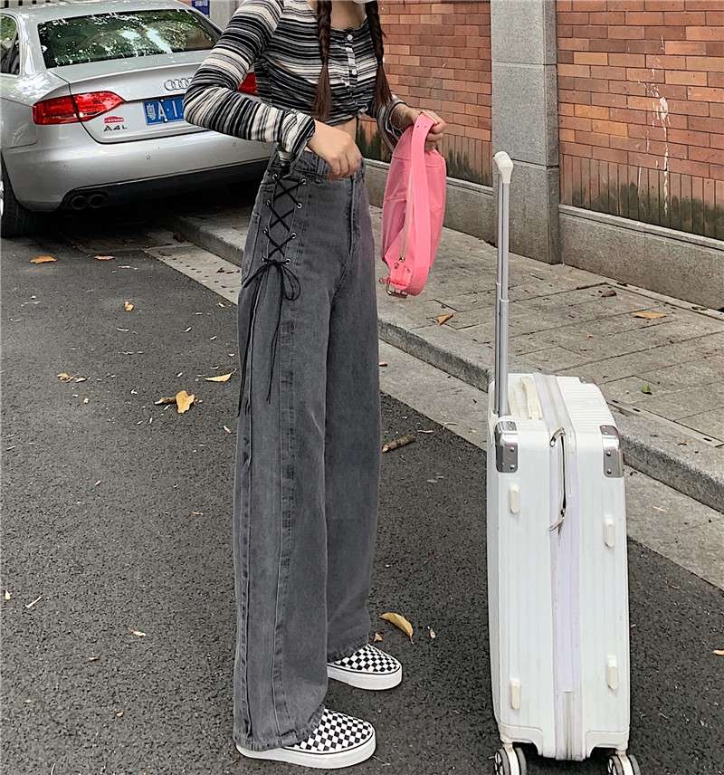 キレイめファッション レースアップデザイン ワイドデニムパンツ