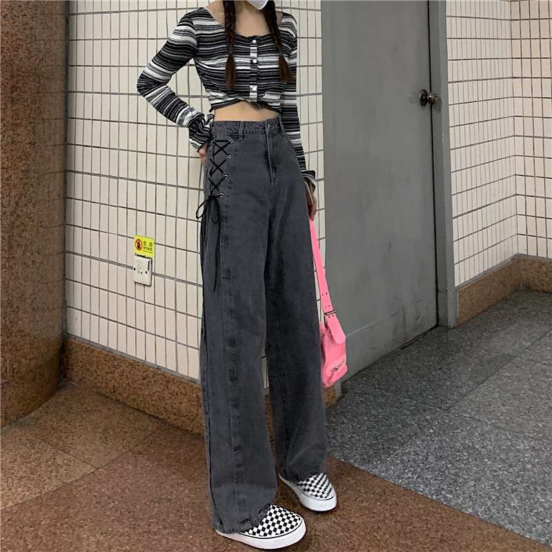 キレイめファッション レースアップデザイン ワイドデニムパンツ