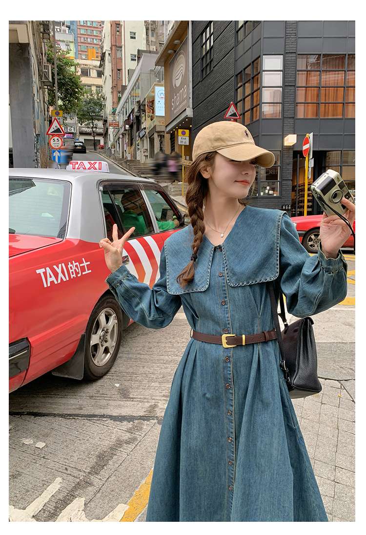 キレイめファッション デニム生地のロングシャツワンピース