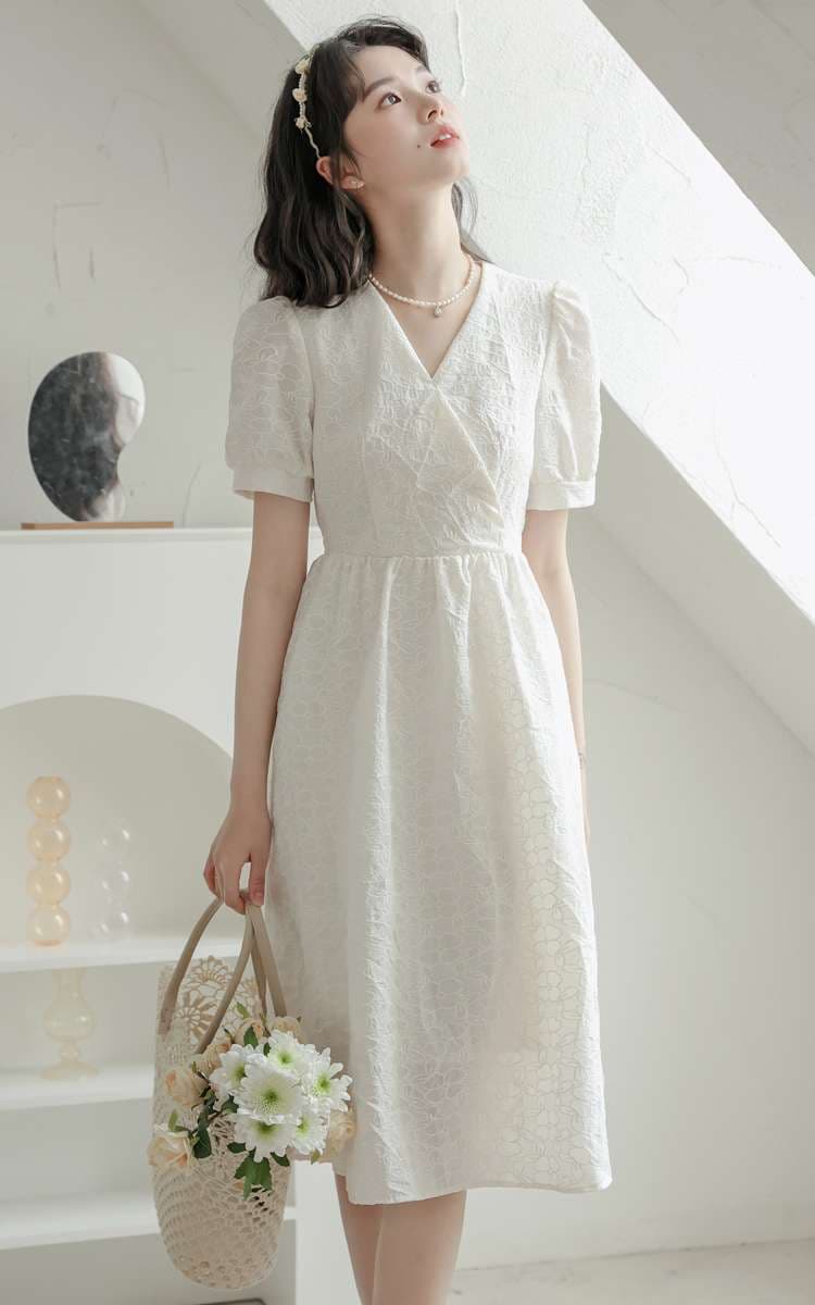 キレイめファッション 花かごレトロ風パフスリーブワンピース