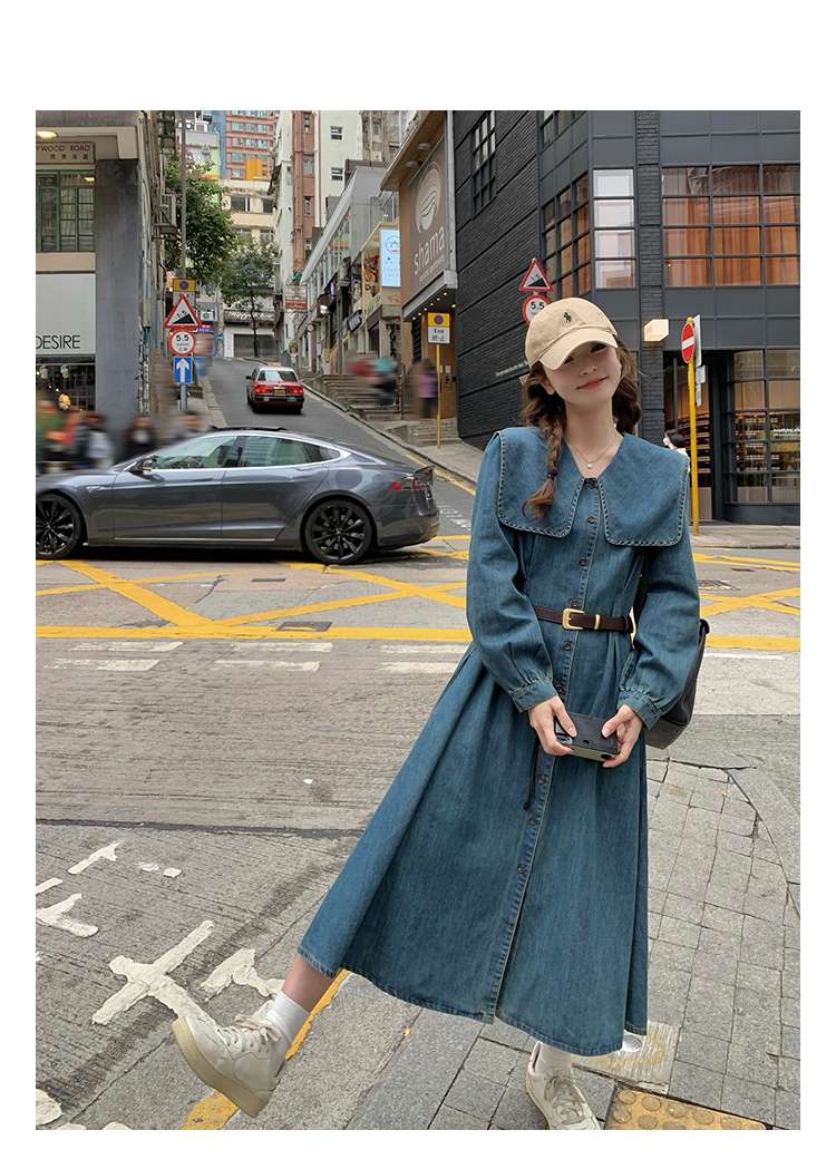 キレイめファッション デニム生地のロングシャツワンピース