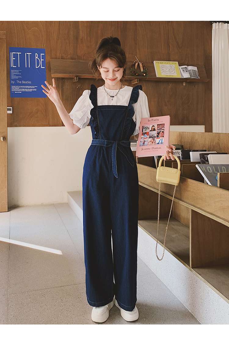 キレイめファッション ゆったりきれいめデニムサロペットワイドパンツ