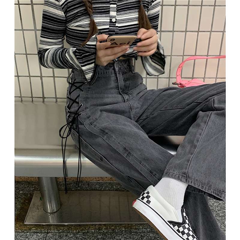 キレイめファッション レースアップデザイン ワイドデニムパンツ