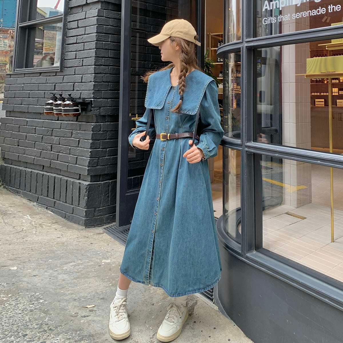 キレイめファッション デニム生地のロングシャツワンピース
