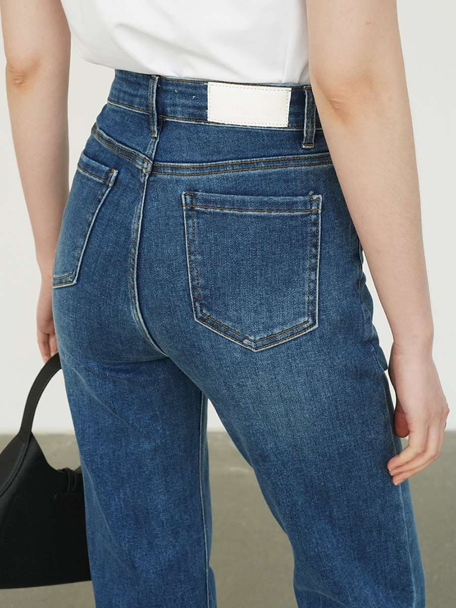 キレイめファッション きれいめストレートデニムパンツフルレングス